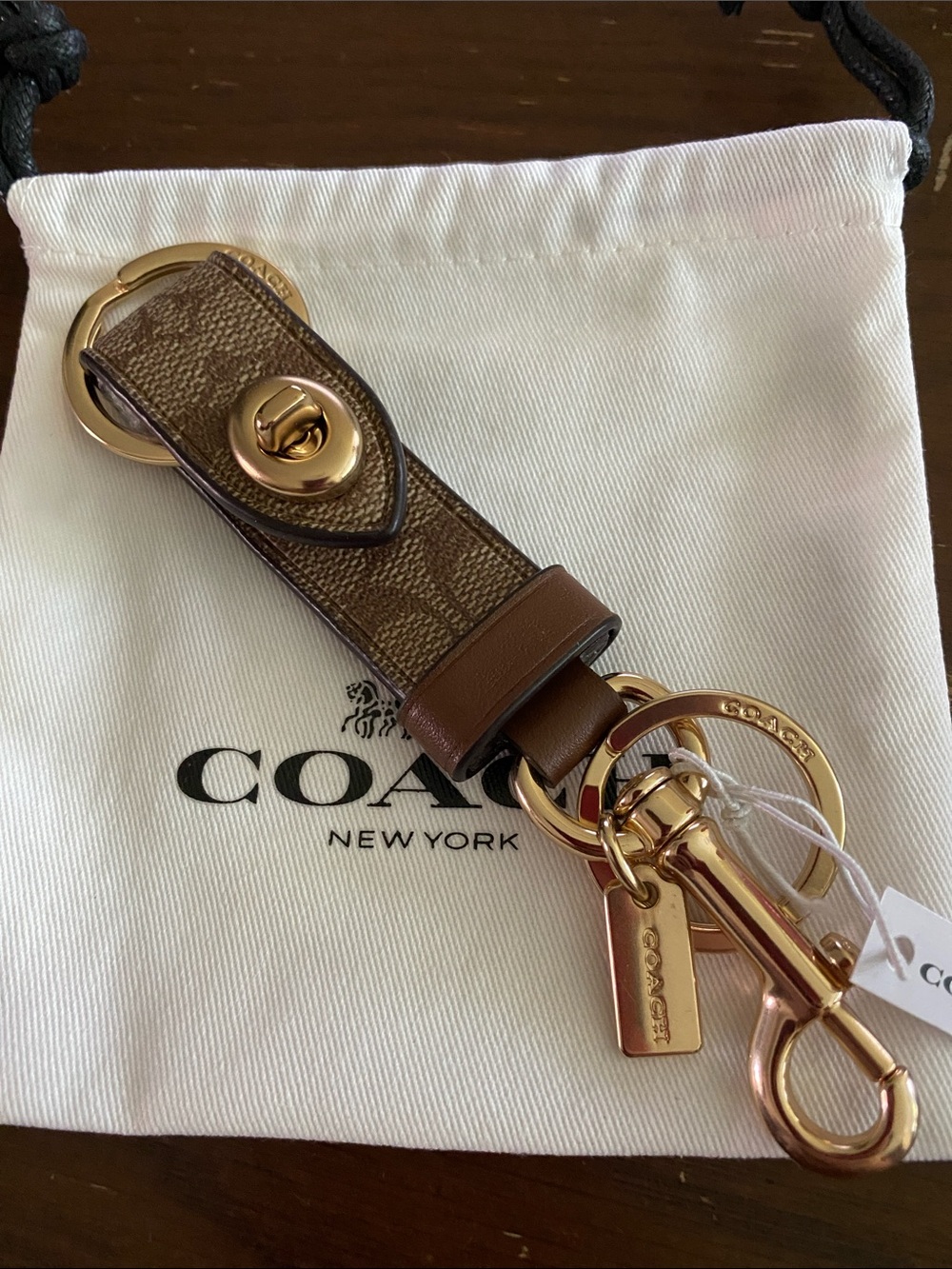 NWOT Coach Brown Signature Canvas & Leather Keychain with Gold Hardware